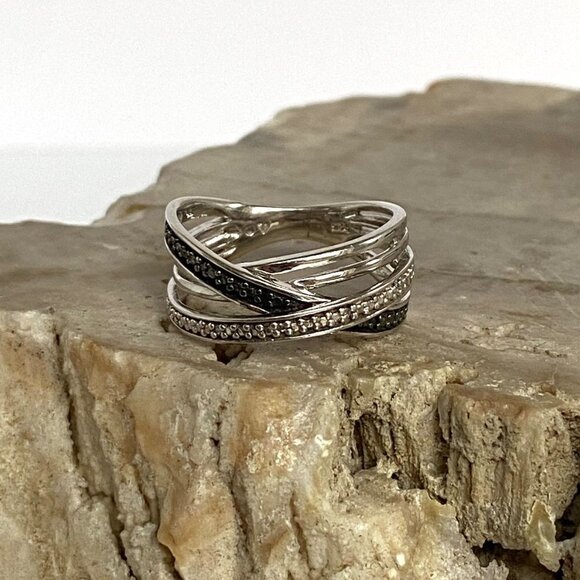 Sterling Silver 925 Black White Diamond Crossover Multi Band Ring Sz 6.5 - Picture 2 of 16